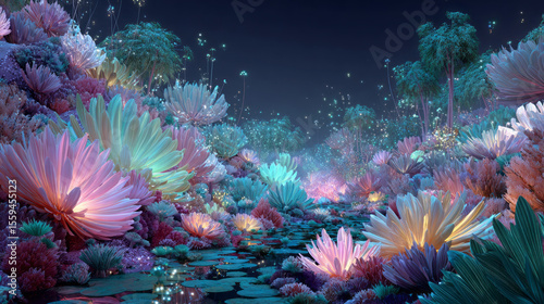 Glowing fantasy flowers and plants with magical light in surreal night forest scene