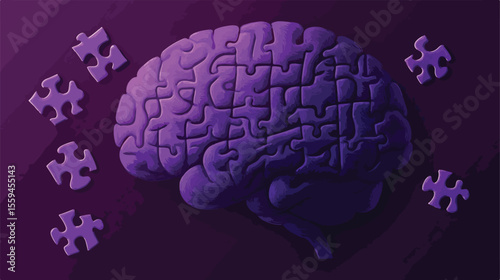 Purple Alzheimer Human Brain and Puzzle Piece