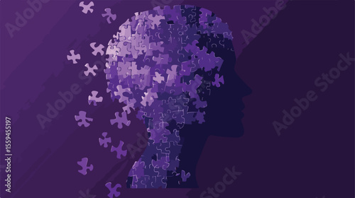 Alzheimer's Disease Awareness Purple Head and Puzzles Flat Image