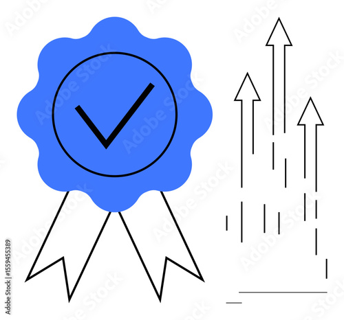 Blue award badge with checkmark next to upward arrows representing progress, achievement, and success. Ideal for quality assurance, certification, recognition, improvement, goal setting, motivation