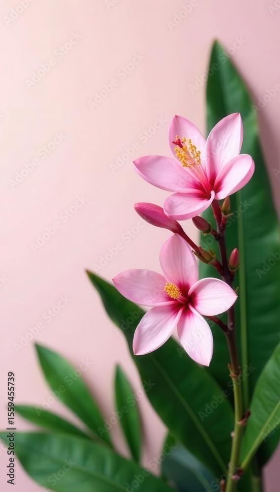 Fototapeta premium Delicate pink blossoms, lush green tropical leaves, minimalist backdrop , floral background, delicate, minimalism