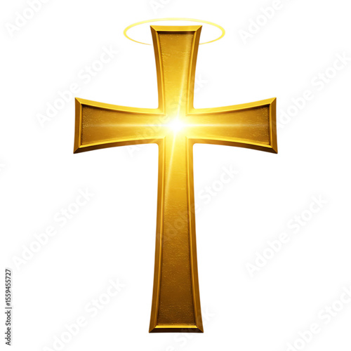 Glowing golden Christian cross radiating light, symbolizing divine energy, spiritual power, and eternal hope
