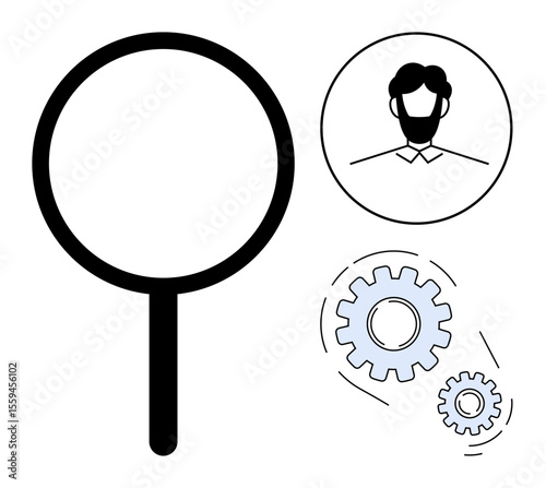 Magnifying glass for search, user profile headshot, and gears for process improvement. Ideal for analysis, recruitment, research, optimization, teamwork technology and innovation. Clean flat