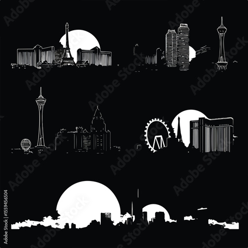 vegas skyline silhouette set with sphere, Black & White silhouette set