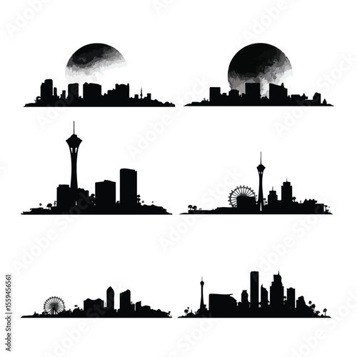 vegas skyline silhouette set with sphere, Black & White silhouette set