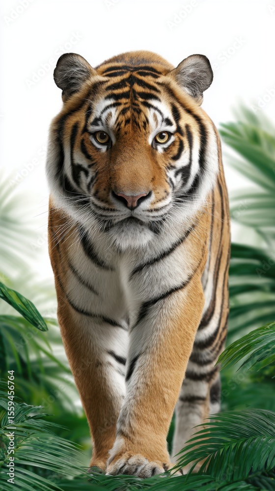 Fototapeta premium Majestic Tiger Walking Through Lush Green Foliage in the Jungle