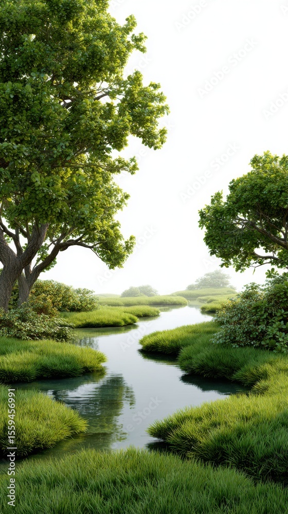 Naklejka premium Serene River Landscape Surrounded by Lush Greenery and Trees