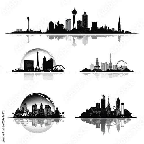 vegas skyline silhouette set with sphere, Black & White silhouette set