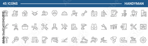 Handyman Web Icons Set in Line or outline Style related to Handyman. Icons For Web and Mobile App. Linear icons collection. Editable stroke. Vector illustration.