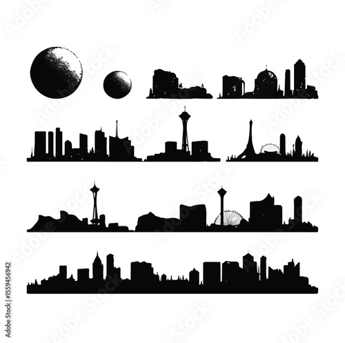 vegas skyline silhouette set with sphere, Black & White silhouette set