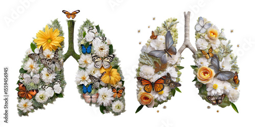Lungs Decorated with Colorful Flowers and Butterflies for Nature Themes