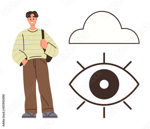 Young man in casual attire standing beside abstract eye with rays and a cloud above. Ideal for concepts of creativity, mindfulness, vision, awareness, balance, enlightenment, and simplicity. A simple