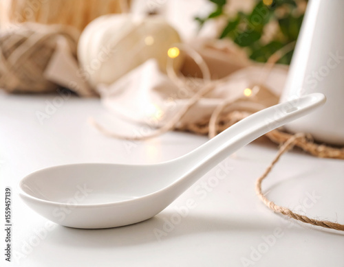 Elegant White Spoon: A graceful ceramic spoon, embodies minimalist design, its smooth curves and pristine surface, suggesting culinary refinement and aesthetic simplicity.