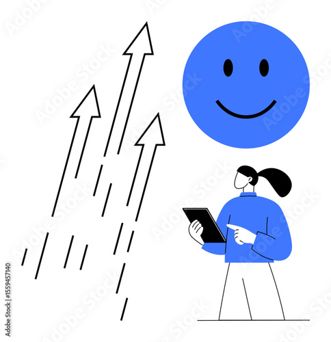 Woman holding a tablet, upward arrows signifying growth, large blue happy face symbolizing positivity and success. Ideal for motivation, growth, innovation, optimism, success, self-improvement