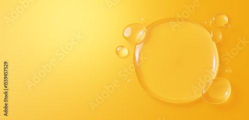 黄色背景に複数の水滴の背景素材。コピースペース。3D（横長）