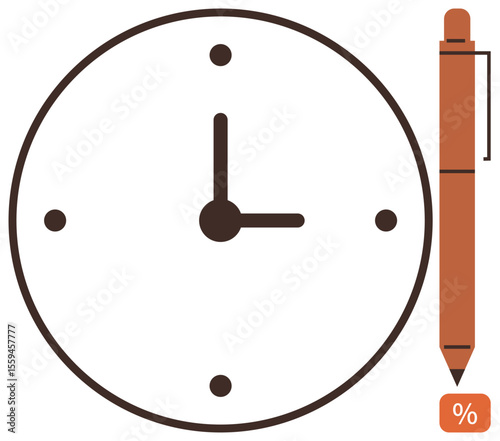 Analog clock displaying time beside a pen with percentage sign. Ideal for productivity, time tracking, scheduling, work-life balance, study plans, organization, simple flat metaphor