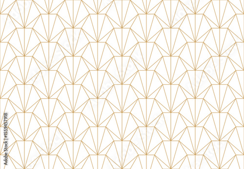 Hexagon seamless pattern with elegant art deco inspired design with golden lines forming fanned geometric shapes, creating a luxurious and repeating background , vector illustration.