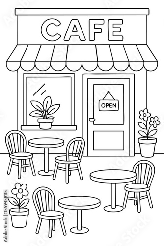 Cozy cafe storefront coloring page with flower pots and open sign