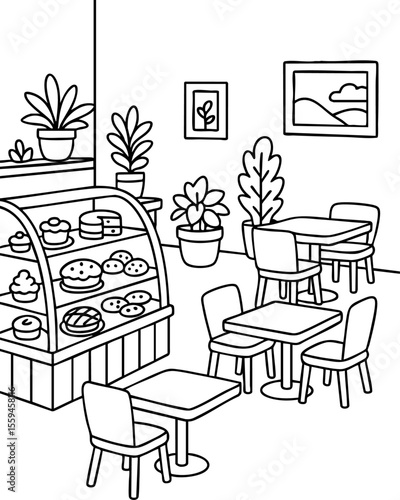 Cozy coloring page of a peaceful bakery interior with tables, plants, and pastry shelves.
