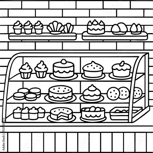 Cozy bakery coloring page with cakes, cupcakes and cookies on display shelves.