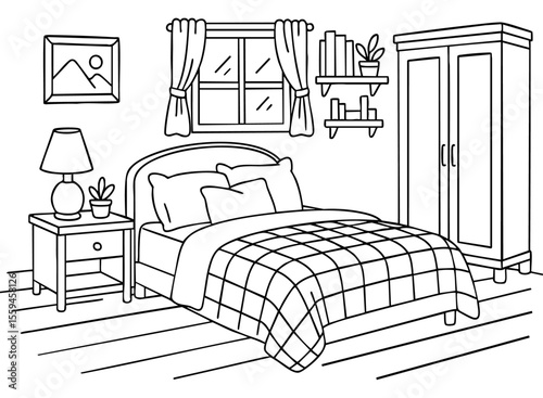 Cozy coloring page of tidy bedroom with nightstand, wardrobe and window