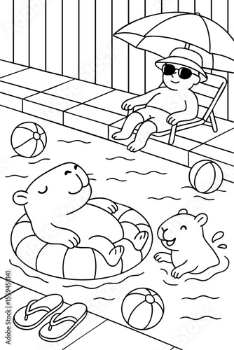 Cozy poolside coloring page with capybaras swimming and relaxing under umbrellas.