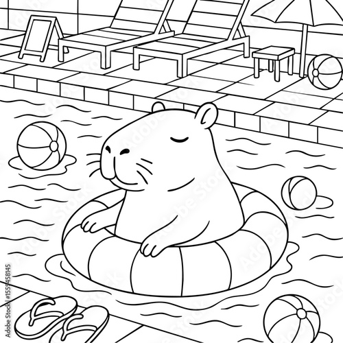 Cozy coloring page of a capybara lounging in a pool with beach balls and sun loungers.