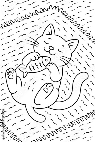 Cute cozy coloring page of a happy cat cuddling with a fish toy while lying on a soft rug.