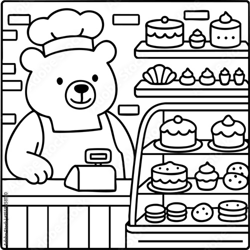 Cozy bear coloring page with a bear chef at a pastry counter inside a cafe.