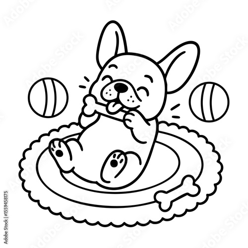 Coloring page french bulldog chewing on a bone while sitting on a round mat, surrounded by balls and smiling playfully.
