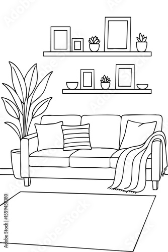 Cozy living room coloring page with sofa, pillows, plants and picture shelves.