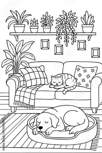 Cozy coloring page with a dog and cat sleeping peacefully in a warm home interior.