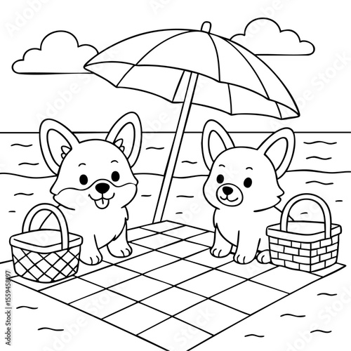 Cozy coloring page of two corgis having a beach picnic under an umbrella.