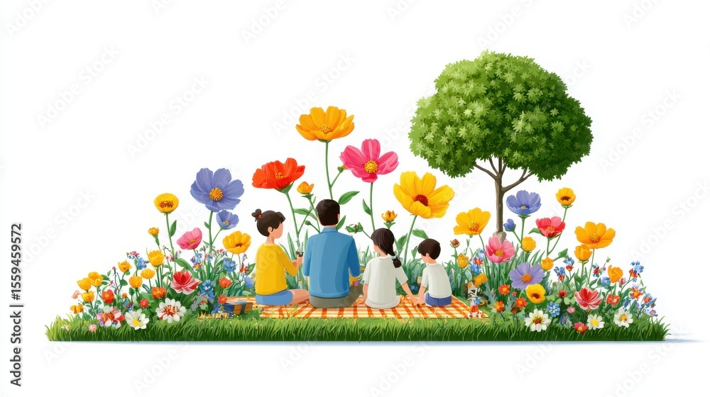 Naklejka premium Family Gathering in a Colorful Flower Field on a Sunny Day