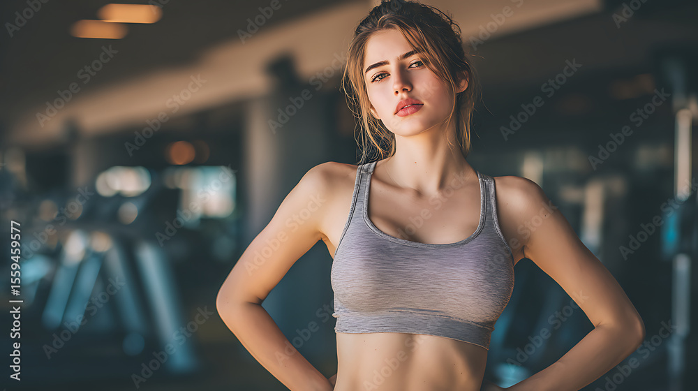 Fototapeta premium Athletic young woman in sportswear with determined expression during workout, side lighting highlighting facial features, blurred gym equipment in background. Fitness and health concept.
