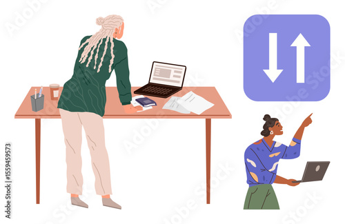 Two professionals collaborating one examining data on a laptop at a desk, the other holding a laptop and gesturing toward an icon featuring opposing arrows. Ideal for teamwork, communication, data