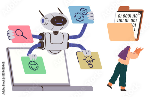 Robot with multiple arms organizing icons for search, network, and ideas on a laptop, digital files. Ideal for AI, automation, productivity, multitasking, innovation digital tools teamwork