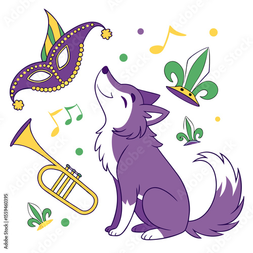An adorable Wolf with a Curious vibe, with a bubble tea, and a Fat Tuesday Festivities Mardi Gras theme – SVG style