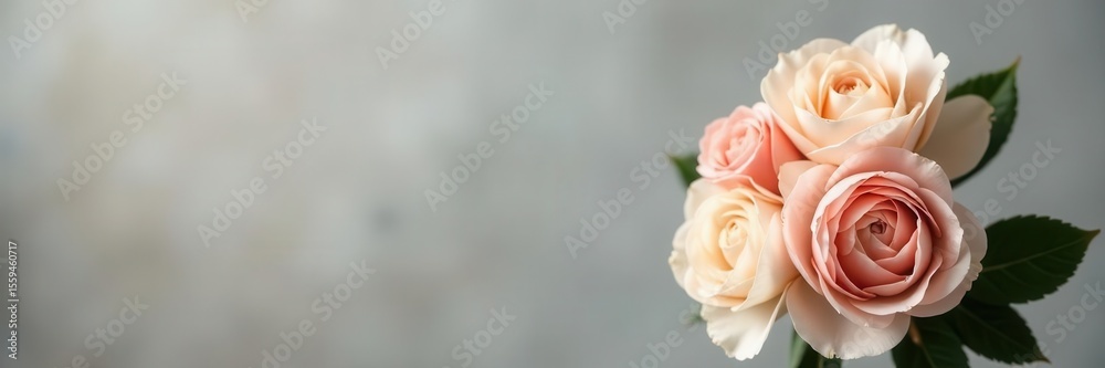 Fototapeta premium Elegant peach & white peony roses bouquet, gray backdrop, image, petals