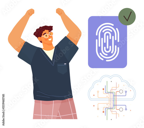 Joyful individual raising arms in victory next to biometric authentication, fingerprint approval icon, and cloud-based technology. Ideal for identity, security, innovation, success, tech advancement