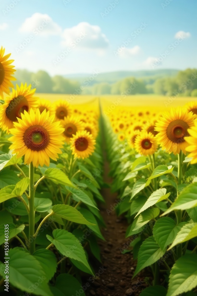 Fototapeta premium Endless rows of sunflowers, swaying gently in breeze, sunflowers, meadow, botany