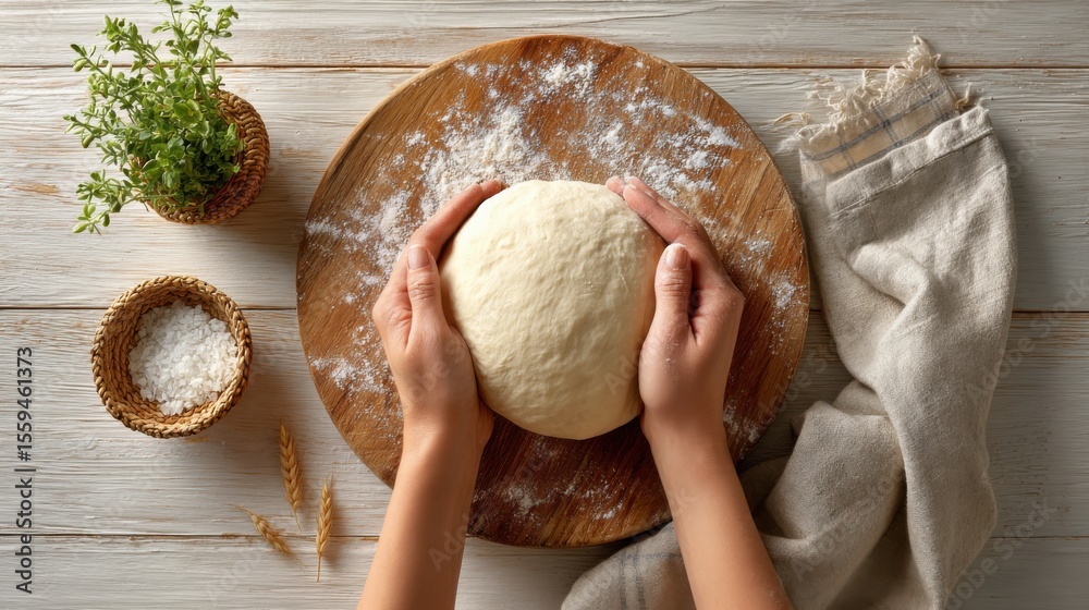 Fototapeta premium Hands Preparing Fresh Bread Dough on Wooden Board with Flour