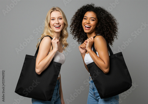 Happy women holding black tote bags
