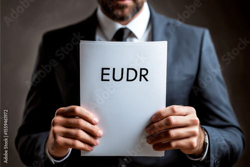 EUDR. Businessman holding EUDR compliance document in a professional setting. photo