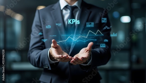 Business Professional Presenting Key Performance Indicators with Data Visualization Elements