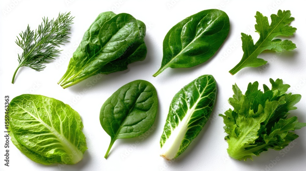 Fototapeta premium A variety of fresh green leafy vegetables, including spinach, lettuce, and herbs, arranged on a white background, showcasing their vibrant colors and textures.