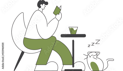 A Man Reading A Book Indoor At A Cafe With A Cat While Drinking Matcha Vector Flat Illustration