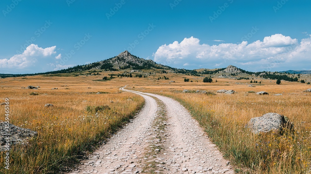 A gravel road winds through a vast, golden prairie landscape. A gravel road winds through a vast, golden prairie landscape.