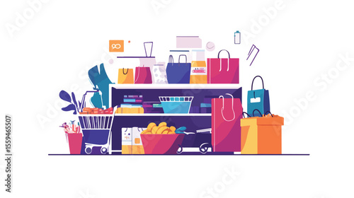 Overflowing Grocery Basket Shopping Concept Vector Illustration