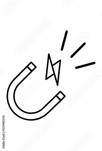 Magnet with lightning bolt icon, symbolizing magnetism/electricity.
Simple drawing of magnet and electric spark/power.
Black outline icon: horseshoe magnet, energy burst.
